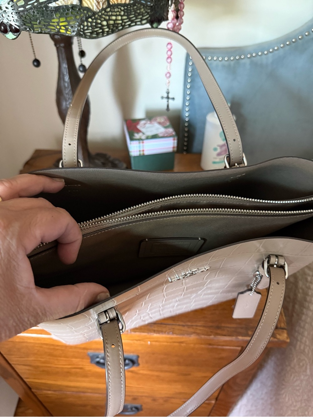 Coach Croc-Embossed Patent Leather Tote in Taupe - Picture 4 of 9